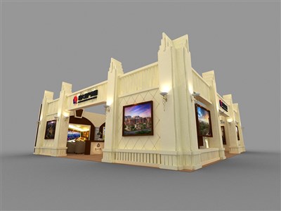 168平米展臺設(shè)計制作：二面開口/歐式/木質(zhì)結(jié)構(gòu)/米色，為房產(chǎn)展展商而作（免費使用）