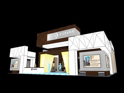 120平米展臺設(shè)計制作：二面開口/前衛(wèi)/型材結(jié)構(gòu)/咖啡色，為房產(chǎn)展展商而作（免費(fèi)使用）