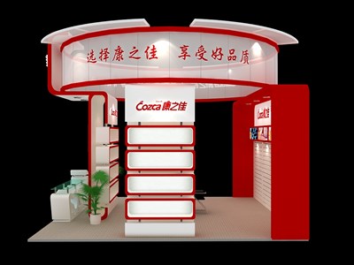 36平米展臺(tái)設(shè)計(jì)制作：三面開口/現(xiàn)代/木質(zhì)結(jié)構(gòu)/紅色，為綜合展展商而作（免費(fèi)使用）