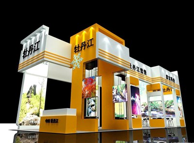 90平米展臺設(shè)計制作：三面開口/現(xiàn)代/木質(zhì)結(jié)構(gòu)/黃色，為綜合展展商而作（免費使用）