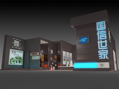 120平米展臺設(shè)計制作：二面開口/現(xiàn)代/木質(zhì)結(jié)構(gòu)/黑色，為房產(chǎn)展展商而作（免費使用）