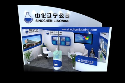18平米展臺設(shè)計(jì)制作：一面開口/現(xiàn)代/木質(zhì)結(jié)構(gòu)/藍(lán)色，為化工展展商而作（免費(fèi)使用）