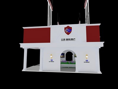 120平米展臺(tái)設(shè)計(jì)制作：三面開口/現(xiàn)代/木質(zhì)結(jié)構(gòu)/紅色，為房產(chǎn)展展商而作（免費(fèi)使用）