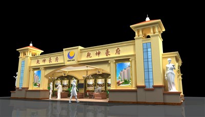 160平米展臺設(shè)計制作：三面開口/歐式/木質(zhì)結(jié)構(gòu)/米色，為房產(chǎn)展展商而作（免費使用）