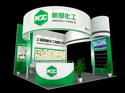 36平米展臺設計制作：三面開口/現(xiàn)代/木質結構/綠色，為化工展展商而作（免費使用）