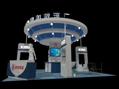 36平米展臺(tái)設(shè)計(jì)制作：四面開口/現(xiàn)代/木質(zhì)結(jié)構(gòu)/藍(lán)色，為綜合展展商而作（免費(fèi)使用）