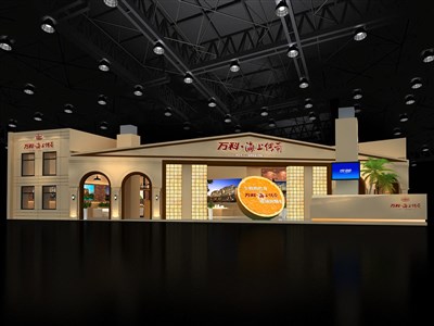 360平米展臺設(shè)計制作：一面開口/中式/木質(zhì)結(jié)構(gòu)/黃色，為房產(chǎn)展展商而作（免費(fèi)使用）