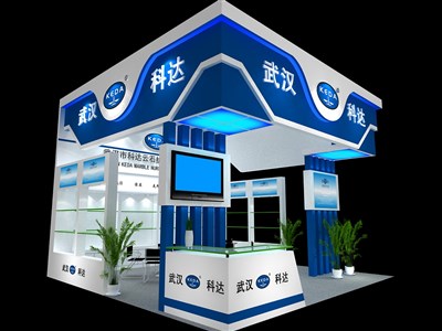 64平米展臺設計制作：三面開口/現(xiàn)代/木質(zhì)結(jié)構(gòu)/藍色，為化工展展商而作（免費使用）