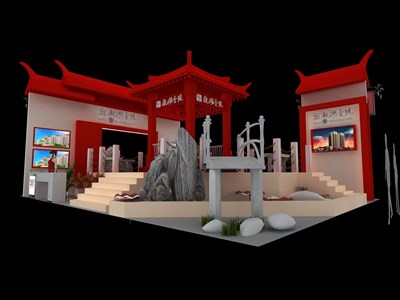 225平米展臺設(shè)計制作：四面開口/中式/木質(zhì)結(jié)構(gòu)/紅色，為房產(chǎn)展展商而作（免費使用）