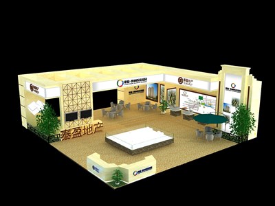 144平米展臺設計制作：三面開口/歐式/型材結構/米色，為房產展展商而作（免費使用）