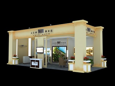 45平米展臺設(shè)計制作：二面開口/歐式/木質(zhì)結(jié)構(gòu)/米色，為房產(chǎn)展展商而作（免費使用）