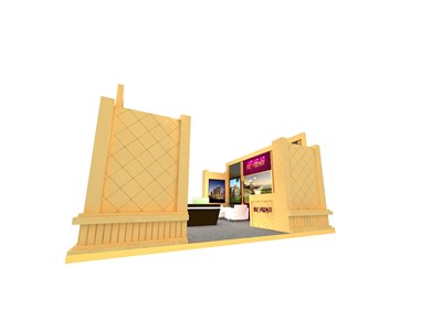 64平米展臺(tái)設(shè)計(jì)制作：二面開口/歐式/木質(zhì)結(jié)構(gòu)/米色，為房產(chǎn)展展商而作（免費(fèi)使用）