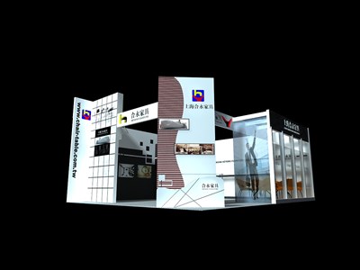 30平米展臺設(shè)計制作：二面開口/現(xiàn)代/型材結(jié)構(gòu)/白色，為家具展展商而作（免費使用）