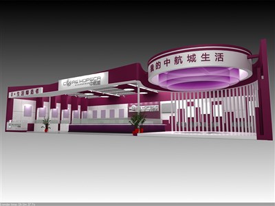 135平米展臺設計制作：一面開口/現(xiàn)代/木質(zhì)結(jié)構(gòu)/紫色，為房產(chǎn)展展商而作（免費使用）