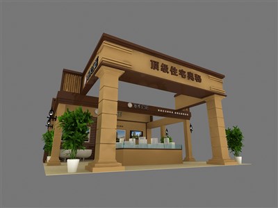 81平米展臺(tái)設(shè)計(jì)制作：三面開口/前衛(wèi)/木質(zhì)結(jié)構(gòu)/米色，為房產(chǎn)展展商而作（免費(fèi)使用）