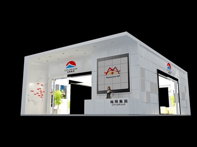 64平米展臺(tái)設(shè)計(jì)制作：四面開口/中式/型材結(jié)構(gòu)/白色，為房產(chǎn)展展商而作（免費(fèi)使用）