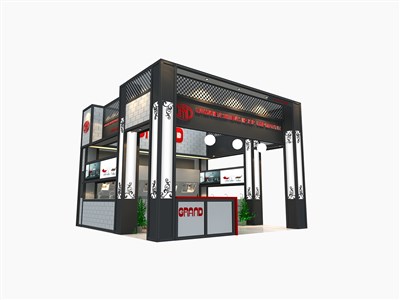 36平米展臺(tái)設(shè)計(jì)制作：三面開口/現(xiàn)代/型材結(jié)構(gòu)/黑色，為日用品展展商而作（免費(fèi)使用）