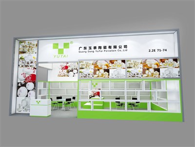 36平米展臺(tái)設(shè)計(jì)制作：二面開口/現(xiàn)代/木質(zhì)結(jié)構(gòu)/綠色，為日用品展展商而作（免費(fèi)使用）