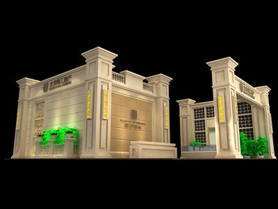144平米展臺設計制作：三面開口/歐式/木質(zhì)結(jié)構/咖啡色，為房產(chǎn)展展商而作（免費使用）