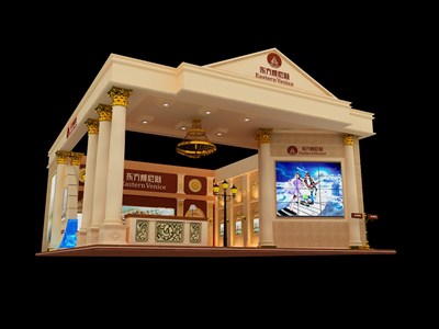99平米展臺設(shè)計制作：二面開口/歐式/木質(zhì)結(jié)構(gòu)/咖啡色，為房產(chǎn)展展商而作（免費(fèi)使用）