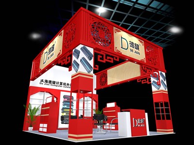 30平米展臺(tái)設(shè)計(jì)制作：三面開口/中式/木質(zhì)結(jié)構(gòu)/紅色，為綜合展展商而作（免費(fèi)使用）