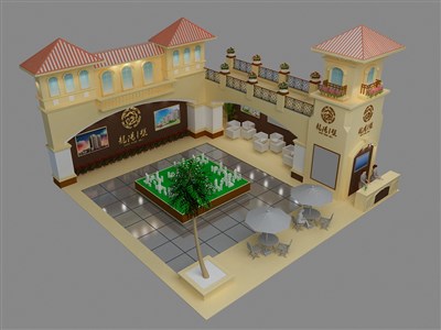 121平米展臺設(shè)計制作：二面開口/歐式/木質(zhì)結(jié)構(gòu)/米色，為房產(chǎn)展展商而作（免費使用）