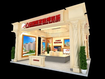 180平米展臺設(shè)計制作：三面開口/歐式/木質(zhì)結(jié)構(gòu)/米色，為房產(chǎn)展展商而作（免費(fèi)使用）