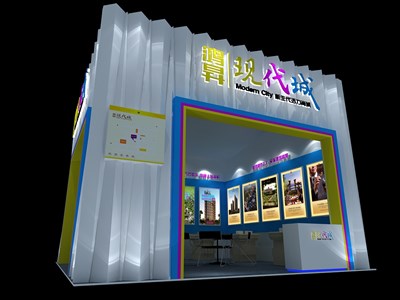49平米展臺設計制作：一面開口/前衛(wèi)/型材結構/彩色，為房產(chǎn)展展商而作（免費使用）