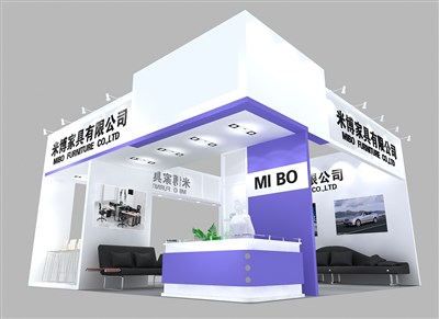49平米展臺設計制作：三面開口/現(xiàn)代/型材結構/藍色，為家具展展商而作（免費使用）