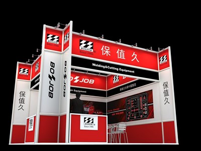 36平米展臺(tái)設(shè)計(jì)制作：二面開口/現(xiàn)代/型材結(jié)構(gòu)/紅色，為建材展展商而作（免費(fèi)使用）