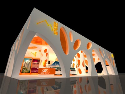 360平米展臺(tái)設(shè)計(jì)制作：三面開(kāi)口/前衛(wèi)/木質(zhì)結(jié)構(gòu)/橙色，為房產(chǎn)展展商而作（免費(fèi)使用）