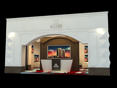 72平米展臺(tái)設(shè)計(jì)制作：二面開口/歐式/木質(zhì)結(jié)構(gòu)/灰色，為房產(chǎn)展展商而作（免費(fèi)使用）