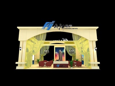 90平米展臺設計制作：二面開口/歐式/木質結構/米色，為房產展展商而作（免費使用）