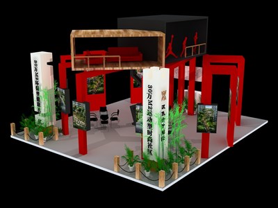 64平米展臺設(shè)計制作：四面開口/前衛(wèi)/木質(zhì)結(jié)構(gòu)/紅色，為房產(chǎn)展展商而作（免費(fèi)使用）