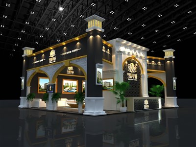 144平米展臺設(shè)計(jì)制作：三面開口/歐式/木質(zhì)結(jié)構(gòu)/灰色，為房產(chǎn)展展商而作（免費(fèi)使用）