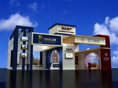 78平米展臺設計制作：二面開口/歐式/木質結構/彩色，為房產展展商而作（免費使用）