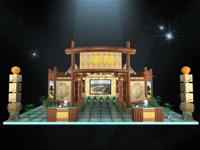 117平米展臺設(shè)計制作：一面開口/中式/木質(zhì)結(jié)構(gòu)/咖啡色，為旅游展展商而作（免費(fèi)使用）