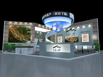 66平米展臺設(shè)計制作：二面開口/中式/木質(zhì)結(jié)構(gòu)/灰色，為房產(chǎn)展展商而作（免費使用）