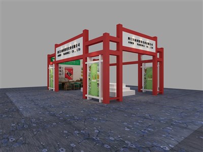 54平米展臺設計制作：三面開口/現(xiàn)代/木質(zhì)結構/紅色，為茶博會展商而作（免費使用）