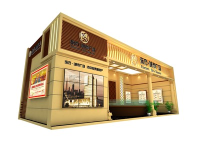 40平米展臺設計制作：一面開口/歐式/木質(zhì)結構/米色，為房產(chǎn)展展商而作（免費使用）