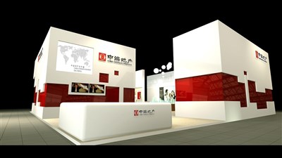 100平米展臺設(shè)計制作：二面開口/現(xiàn)代/木質(zhì)結(jié)構(gòu)/紅色，為房產(chǎn)展展商而作（免費使用）