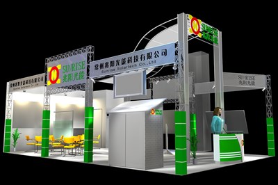 54平米展臺設(shè)計制作：三面開口/現(xiàn)代/型材結(jié)構(gòu)/綠色，為能源展展商而作（免費使用）