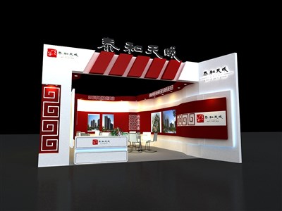 42平米展臺設(shè)計制作：二面開口/中式/木質(zhì)結(jié)構(gòu)/紅色，為房產(chǎn)展展商而作（免費使用）
