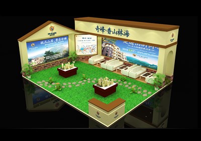 56平米展臺設(shè)計制作：二面開口/歐式/木質(zhì)結(jié)構(gòu)/米色，為房產(chǎn)展展商而作（免費使用）