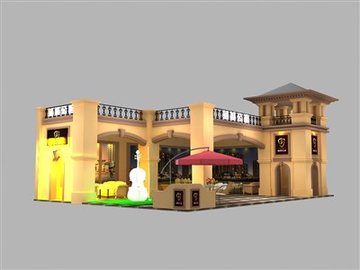 50平米展臺設(shè)計制作：二面開口/歐式/木質(zhì)結(jié)構(gòu)/咖啡色，為房產(chǎn)展展商而作（免費使用）