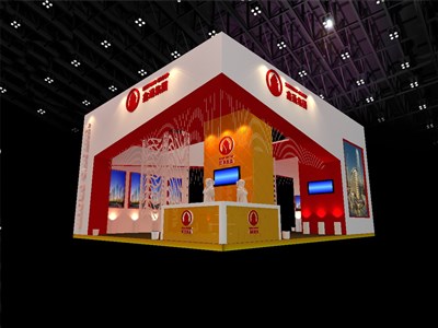 48平米展臺設(shè)計制作：三面開口/中式/木質(zhì)結(jié)構(gòu)/紅色，為房產(chǎn)展展商而作（免費使用）