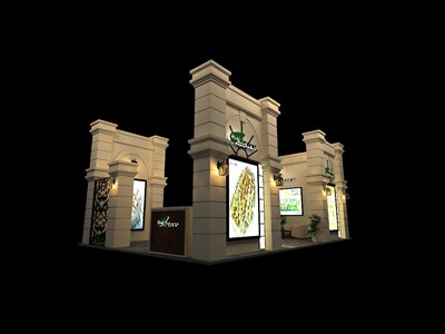 56平米展臺(tái)設(shè)計(jì)制作：三面開(kāi)口/歐式/木質(zhì)結(jié)構(gòu)/咖啡色，為房產(chǎn)展展商而作（免費(fèi)使用）