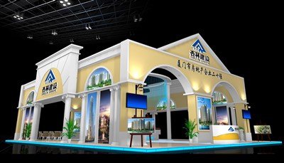 187平米展臺(tái)設(shè)計(jì)制作：四面開口/歐式/木質(zhì)結(jié)構(gòu)/米色，為房產(chǎn)展展商而作（免費(fèi)使用）