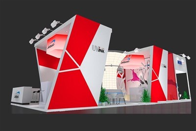 90平米展臺設計制作：三面開口/現(xiàn)代/型材結構/紅色，為電子展展商而作（免費使用）