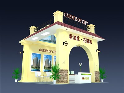 48平米展臺設(shè)計制作：三面開口/田園/木質(zhì)結(jié)構(gòu)/黃色，為房產(chǎn)展展商而作（免費(fèi)使用）